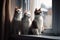 a group of cats sitting on a windowsill, watching the outside world