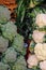 Group of cauliflowers with green leaves. Healthy fresh cauliflowers are grown on an organic farm. Royalty high-quality free stock