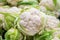 Group of cauliflowers with green leaves at market