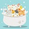 The group of character cute cats taking a bath with bathtub they look very happy .The cats sitting in the bathtub with yellow