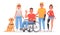 Group of characters with disabilities. People and disability. Blind woman with a guide dog, a guy in a wheelchair, a man and girl