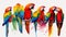 Group of charming colorful parrots perching playfully on a branch, creating a lively and colorful spectacle. A pure white