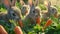 a group of charming rabbits nibbling on fresh, juicy carrots in a sunlit garden, their fur glistening with perfect lighting and