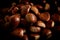 Group of chestnuts illuminated by a light side. Dark background.