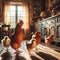 Group of chickens walk around farm house kitchen