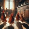 Group of chickens walk around farm house kitchen