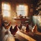 Group of chickens walk around farm house kitchen