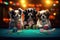 Group of chihuahua playing poker with chips on the table, Tibetan Spaniel puppies playing poker in vegas. All colorful glittering