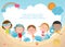 Group of children on the beach, Happy kids jumping on the beach, child having fun on the beautiful beach,Template for advertising