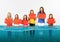 Group of children with blank red banners standing in water of melting glacier, global warming