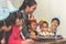 Group of children blowing birthday cake in birthday party singing happy birthday