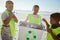 Group of children cleaning beach or recycling plastic for education, learning or community help in climate change