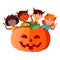 Group Of Children With Devil Horns Peeking Out From Large Pumpkin Vector. Halloween Isolated Illustration