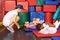 Group of children doing gymnastics in preschool