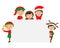 Group of children dressed as Christmas motifs together sign with blank space