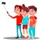 Group Of Children Make A Selfie Picture On Mobile Phone Vector. Isolated Illustration