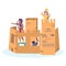 Group children play and build together cardboard castle, creative character female male plaything cartoon vector