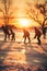 Group of children playing ice hockey on frozen lake in winter.