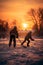 Group of children playing ice hockey on frozen lake in winter.