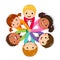 Group of children putting hands together on white background