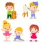 Group of children set:play the violin, drawing,dancing,singing