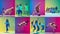 Group of children in sportive style clothes and man dancing hip-hop and breakdance over colorful background in neon