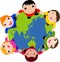 Group of children standing the globe