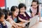 Group of children using laptop in classroom, Multi-ethnic young boys and girls happy using technology for study at elementary