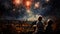 Group of children watching fireworks over old European city, their faces illuminated by the brilliant bursts of festive fireworks