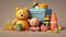 Group of childrens toys on pastel background. Constructor, pyramid, ball and soft toys for children\\\'s development