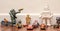 Group of childrens vintage and retro style toys including cars and robots on a wooden floor