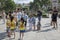 A group of Chinese children on the square in front of the Notre-Dame Cathedral