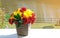 group of chrysanthemum flower red and yellow blooming in ceramic vase on table. pretty gift bouquet flora blossom