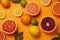 A group of citrus fruits on a yellow background. AI generative image