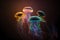 Group of clear glowing neon color light jelly fish in deep dark water. Neural network generated art