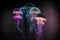 Group of clear glowing neon color light jelly fish in deep dark water. Neural network generated art