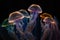 Group of clear glowing neon color light jelly fish in deep dark water. Neural network generated art