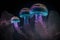 Group of clear glowing neon color light jelly fish in deep dark water. Neural network generated art