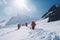 A group of climbers in an alpine camp with tents on a mountain peak.