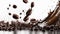 Group of coffee beans with movement shape food background.ai generated images