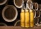 Group of cold wet beer bottles in the cellar with vintage kegs