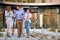 Group of colleagues  walking and talking in front of business building