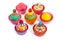 A group of colorful creamed decorated cupcakes
