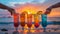 A group of colorful drinks on a beach with the sun setting, AI