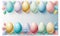 a group of colorful easter eggs with leaves on them on a blue background with a white border and a white background with a white