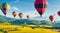 A group of colorful hot air balloons floating above a picturesque countryside.