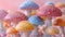 A group of colorful mushrooms with white spots