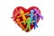 Group of colorful people figures sticking together with red heart isolated on white background