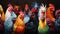 A group of colorful roosters standing next to each other