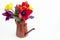 Group of colorful tulips and muscari placed on a watering can